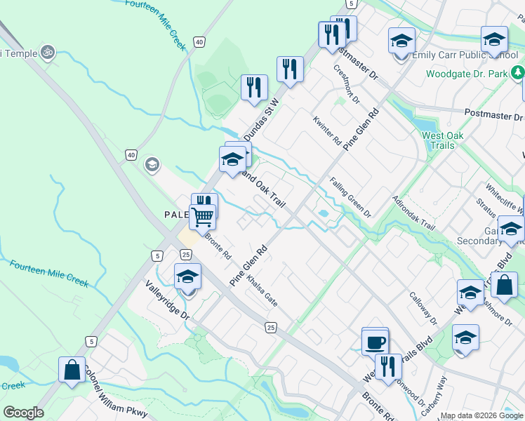 map of restaurants, bars, coffee shops, grocery stores, and more near 2435 Greenwich Drive in Oakville