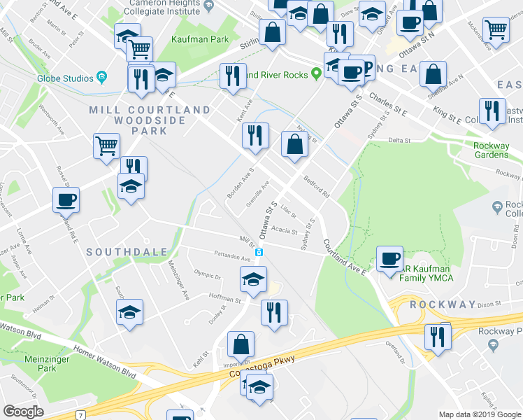 map of restaurants, bars, coffee shops, grocery stores, and more near in Kitchener