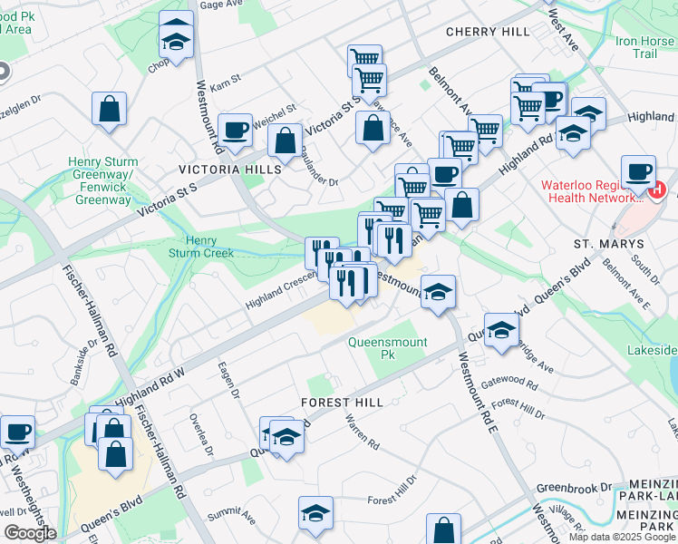 map of restaurants, bars, coffee shops, grocery stores, and more near 525 Highland Road West in Kitchener
