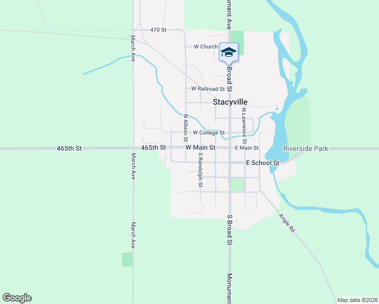 map of restaurants, bars, coffee shops, grocery stores, and more near 301-399 West School Street in Stacyville