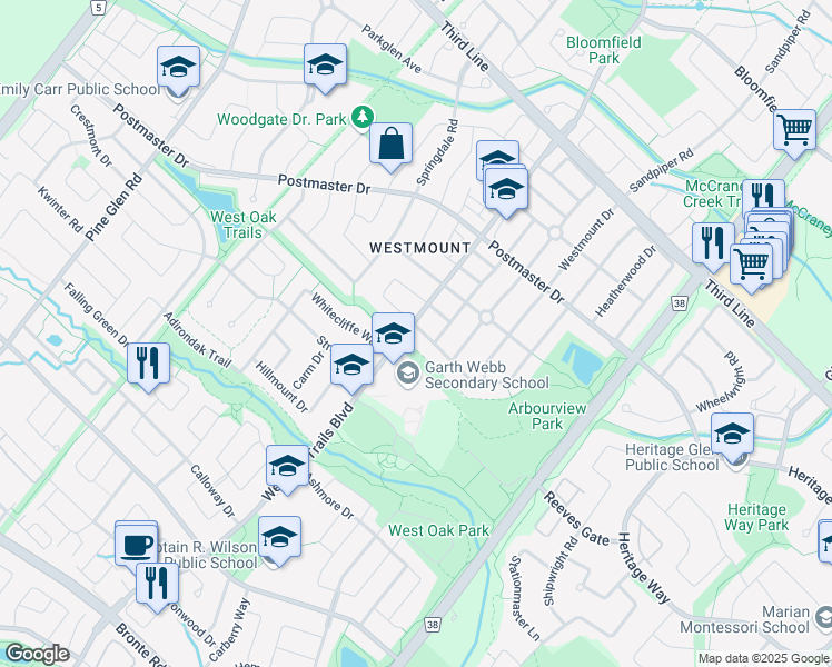map of restaurants, bars, coffee shops, grocery stores, and more near 2272 Arbourview Drive in Oakville