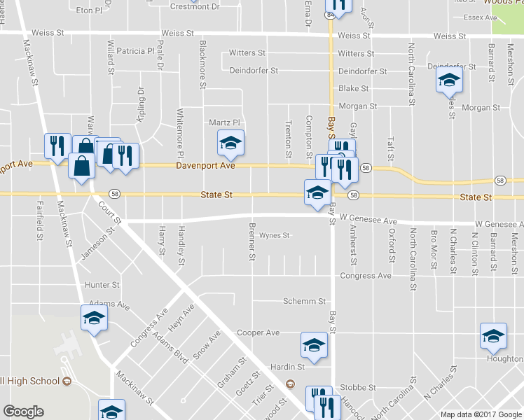 map of restaurants, bars, coffee shops, grocery stores, and more near 2908 West Genesee Avenue in Saginaw