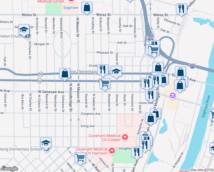 map of restaurants, bars, coffee shops, grocery stores, and more near 1108 West Genesee Avenue in Saginaw