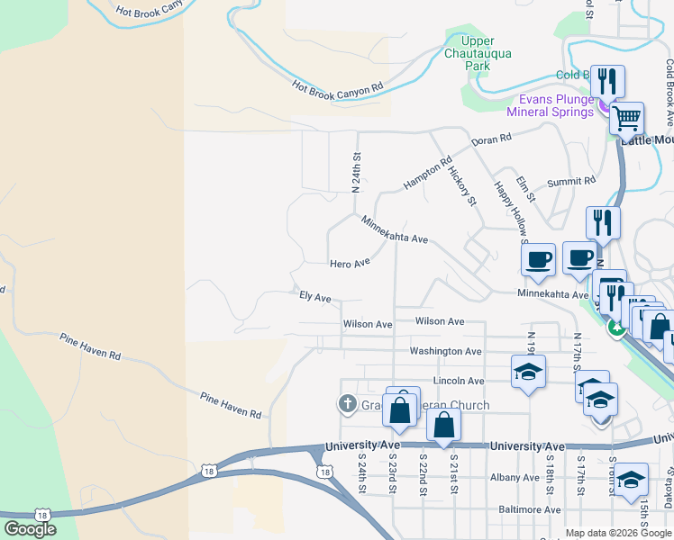 map of restaurants, bars, coffee shops, grocery stores, and more near Ely Avenue in Hot Springs