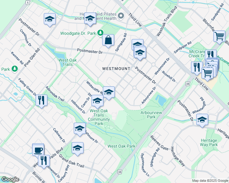 map of restaurants, bars, coffee shops, grocery stores, and more near 2274 Arbourview Drive in Oakville