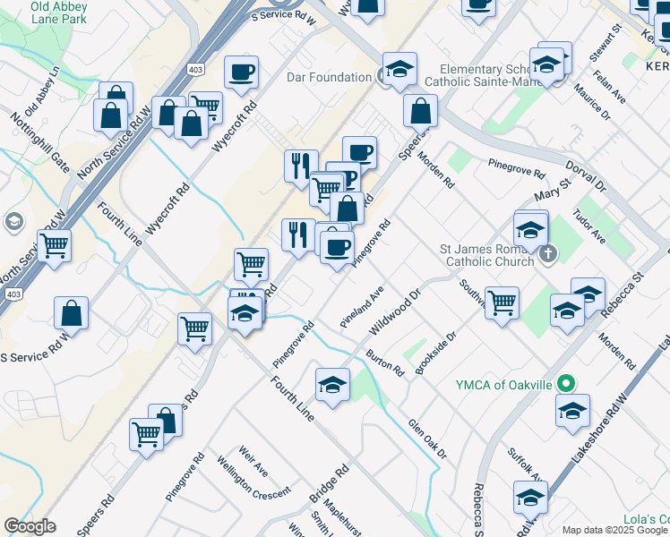 map of restaurants, bars, coffee shops, grocery stores, and more near 499 Pinegrove Road in Oakville