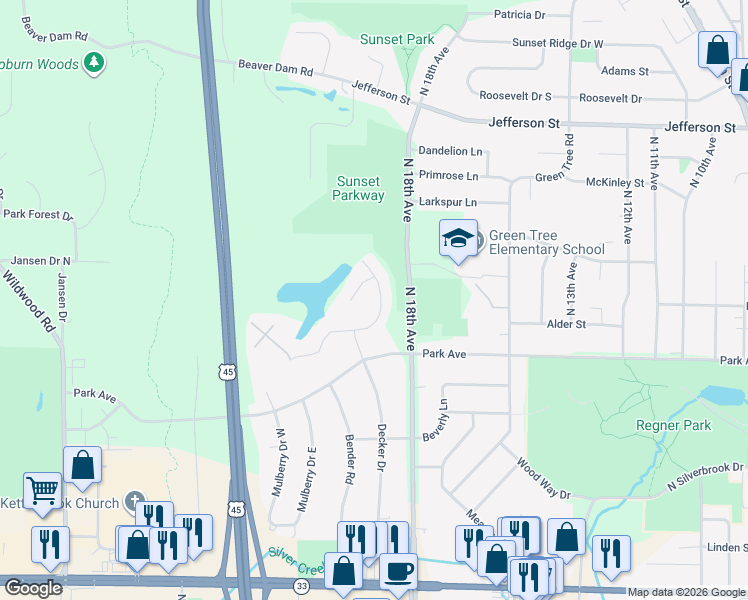 map of restaurants, bars, coffee shops, grocery stores, and more near 1208 North Glenwood Circle in West Bend