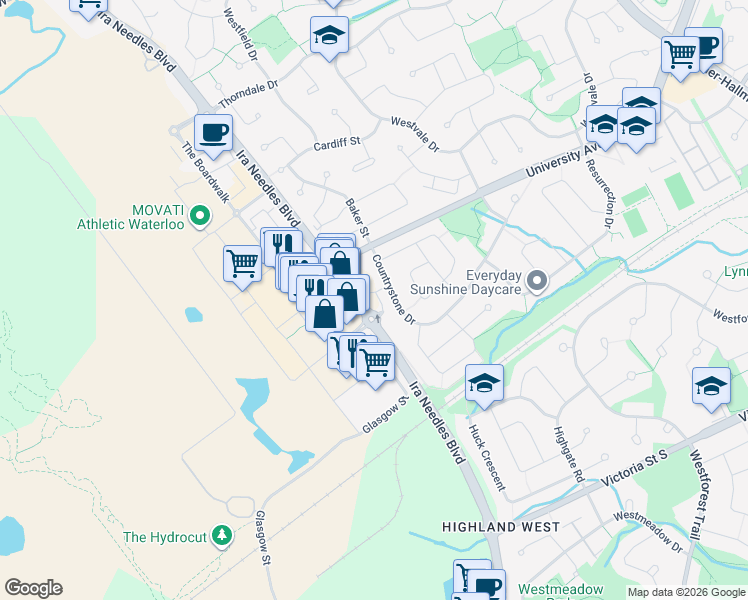 map of restaurants, bars, coffee shops, grocery stores, and more near 1339 Countrystone Drive in Waterloo