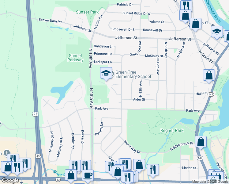 map of restaurants, bars, coffee shops, grocery stores, and more near 1527 Quietwood Lane in West Bend