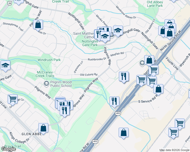 map of restaurants, bars, coffee shops, grocery stores, and more near 1156 Old Colony Road in Oakville