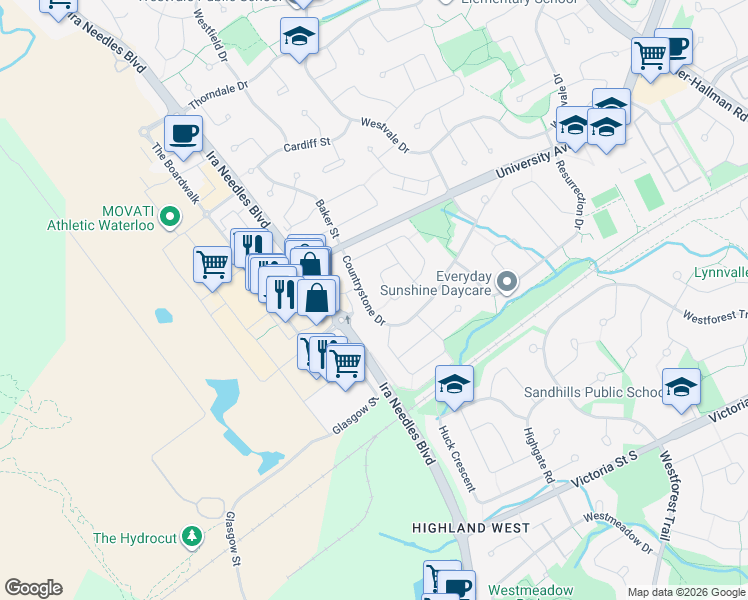 map of restaurants, bars, coffee shops, grocery stores, and more near 1338 Countrystone Drive in Waterloo