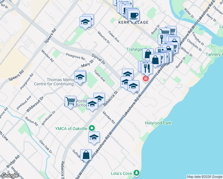 map of restaurants, bars, coffee shops, grocery stores, and more near 304 Rebecca Street in Oakville