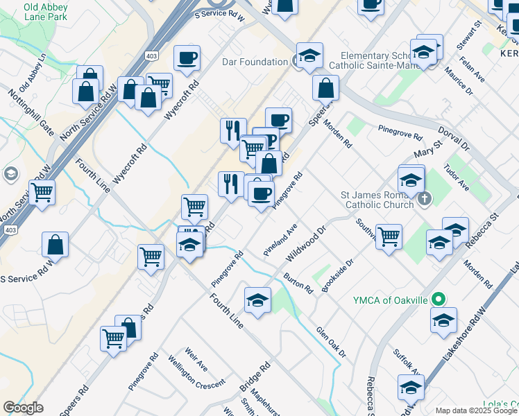 map of restaurants, bars, coffee shops, grocery stores, and more near 497 Pinegrove Road in Oakville