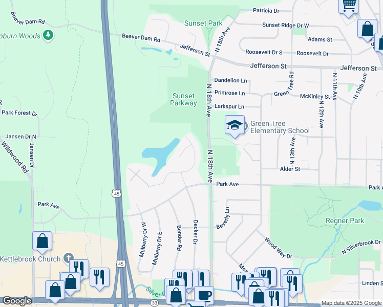 map of restaurants, bars, coffee shops, grocery stores, and more near 1140 North Glenwood Circle in West Bend