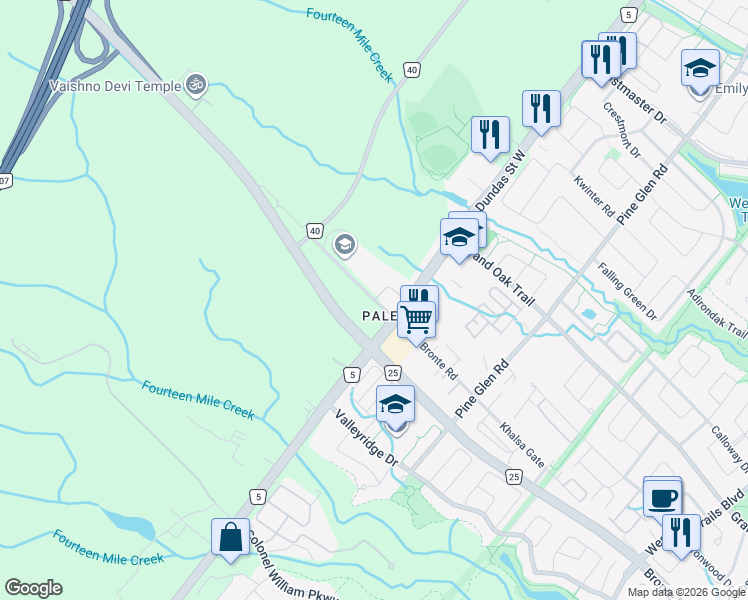 map of restaurants, bars, coffee shops, grocery stores, and more near Old Bronte Road in Oakville