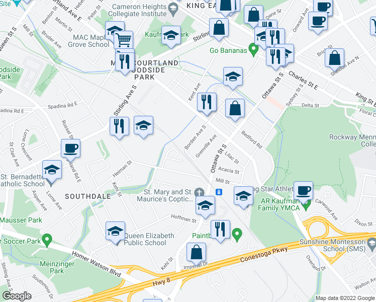 map of restaurants, bars, coffee shops, grocery stores, and more near 400 Mill Street in Kitchener