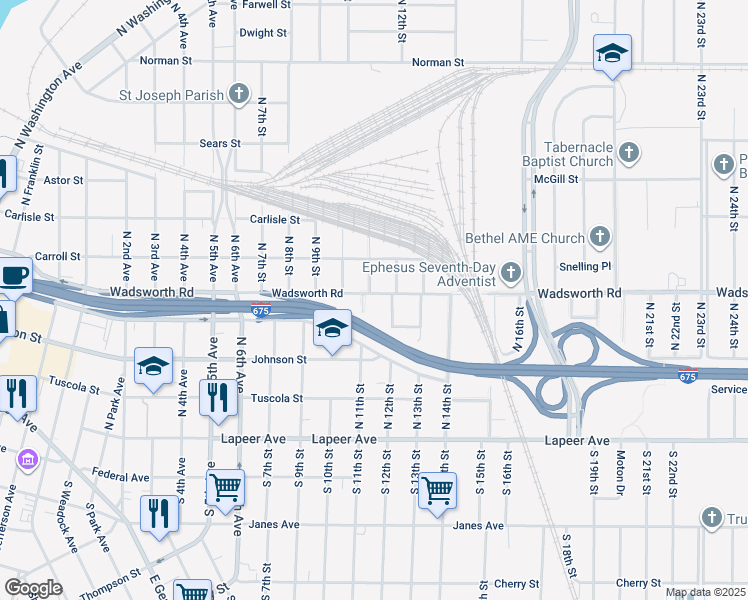 map of restaurants, bars, coffee shops, grocery stores, and more near 402 North 11th Street in Saginaw