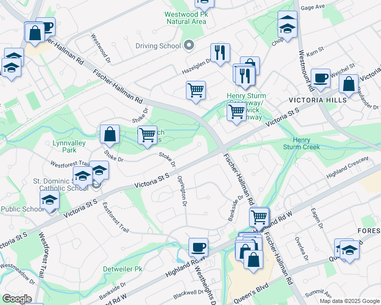 map of restaurants, bars, coffee shops, grocery stores, and more near 27 Stoke Court in Kitchener