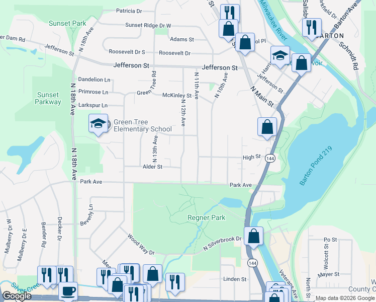 map of restaurants, bars, coffee shops, grocery stores, and more near 1160 North 11th Avenue in West Bend