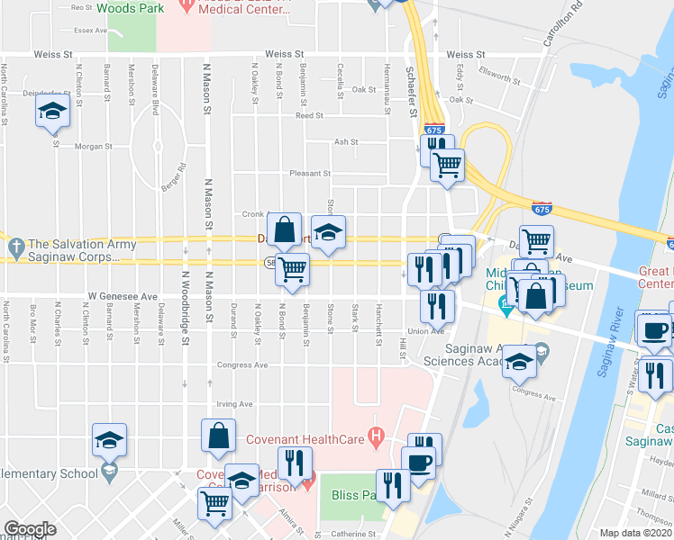 map of restaurants, bars, coffee shops, grocery stores, and more near 921 State Street in Saginaw