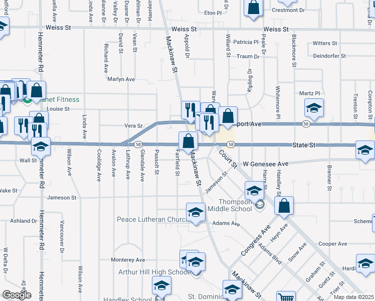 map of restaurants, bars, coffee shops, grocery stores, and more near 3601 State Street in Saginaw