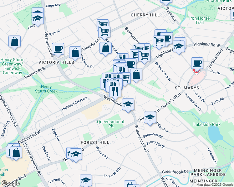 map of restaurants, bars, coffee shops, grocery stores, and more near 443 Highland Road West in Kitchener