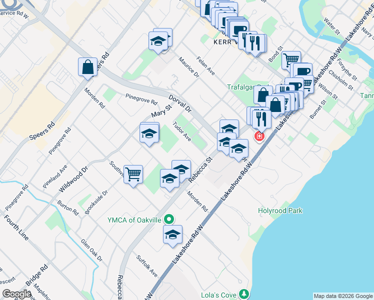 map of restaurants, bars, coffee shops, grocery stores, and more near 317 Tudor Avenue in Oakville