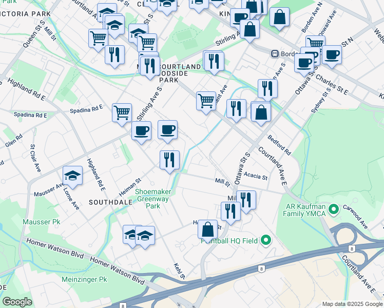 map of restaurants, bars, coffee shops, grocery stores, and more near 300 Mill Street in Kitchener