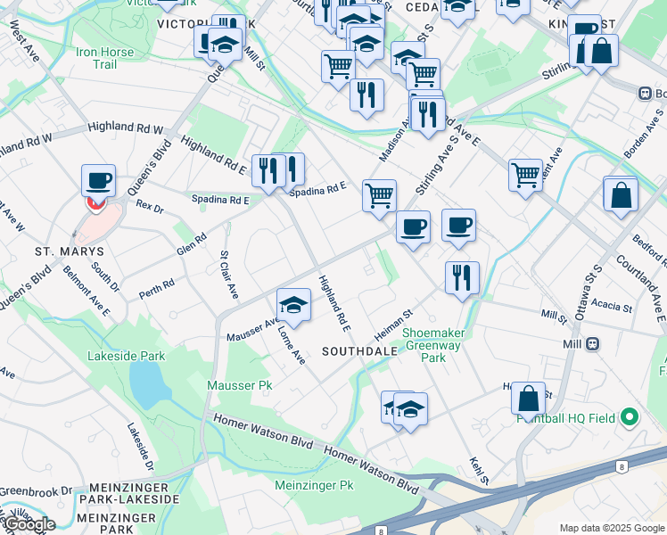 map of restaurants, bars, coffee shops, grocery stores, and more near in Kitchener