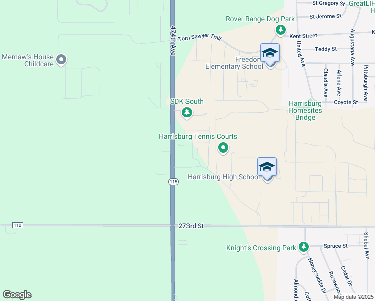 map of restaurants, bars, coffee shops, grocery stores, and more near 27260 South Dakota 115 in Harrisburg