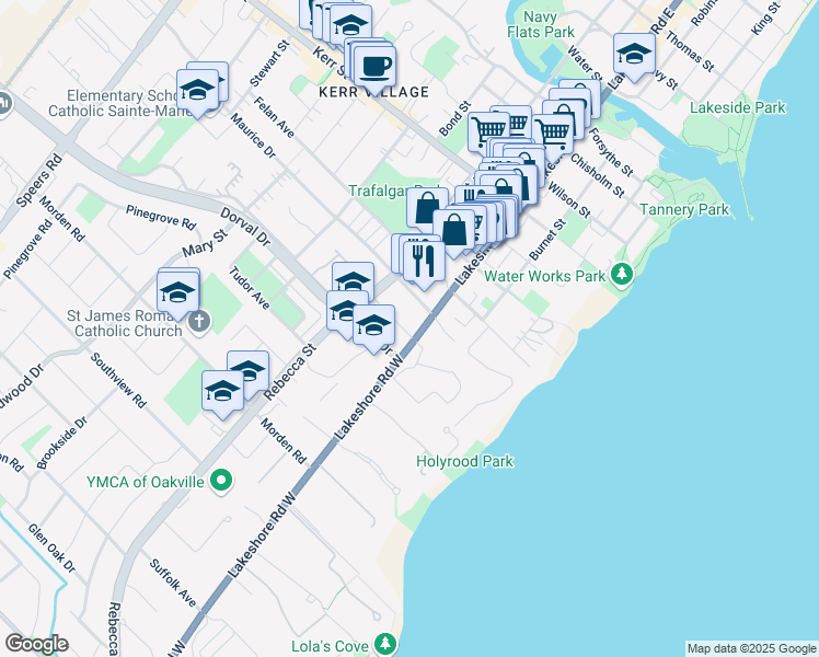 map of restaurants, bars, coffee shops, grocery stores, and more near in Oakville