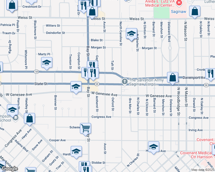 map of restaurants, bars, coffee shops, grocery stores, and more near 2419 State Street in Saginaw