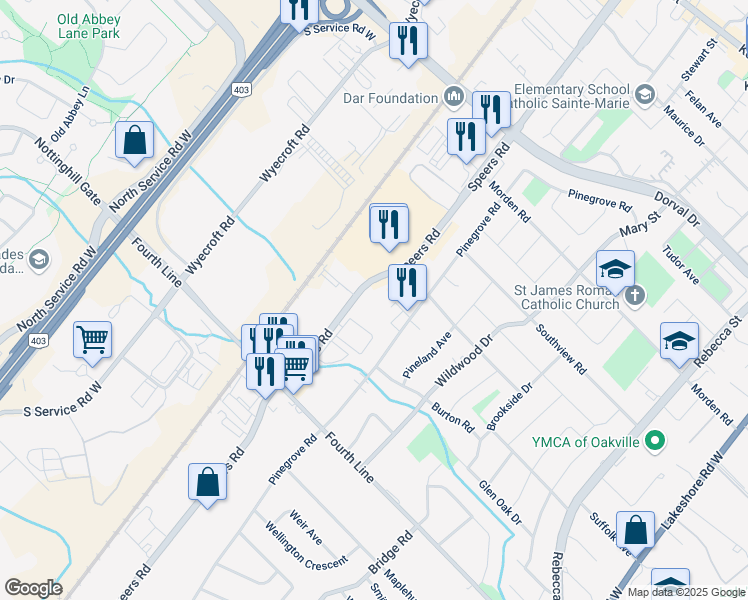 map of restaurants, bars, coffee shops, grocery stores, and more near 510 Speers Road in Oakville