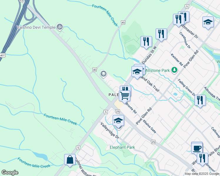 map of restaurants, bars, coffee shops, grocery stores, and more near Old Bronte Road in Oakville
