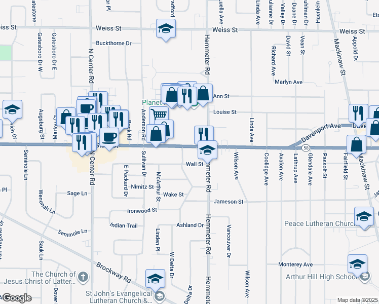 map of restaurants, bars, coffee shops, grocery stores, and more near 4550 State Street in Saginaw