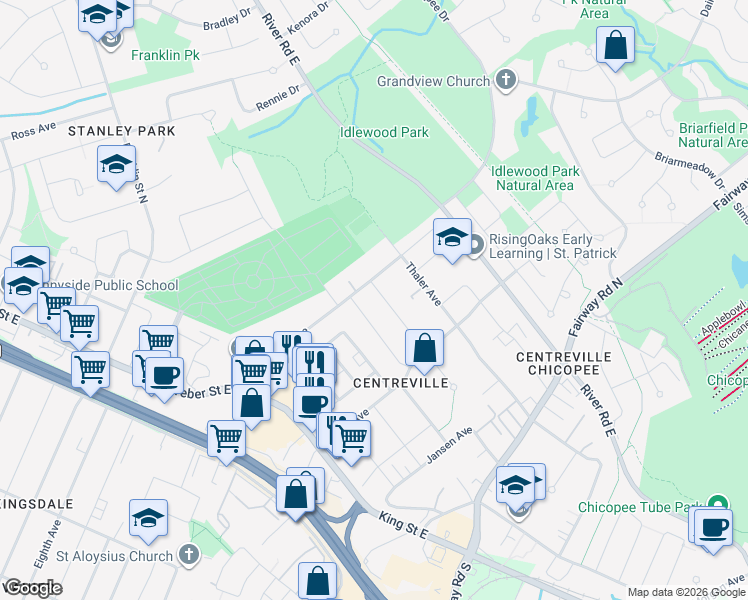 map of restaurants, bars, coffee shops, grocery stores, and more near 267 Fergus Avenue in Kitchener