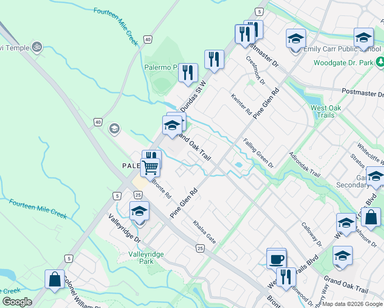 map of restaurants, bars, coffee shops, grocery stores, and more near 2435 Greenwich Drive in Oakville