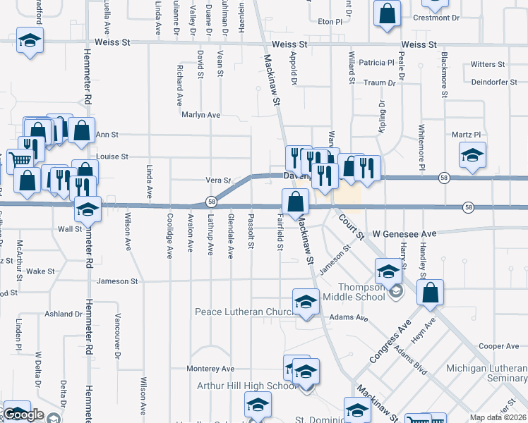 map of restaurants, bars, coffee shops, grocery stores, and more near 3723 State Street in Saginaw