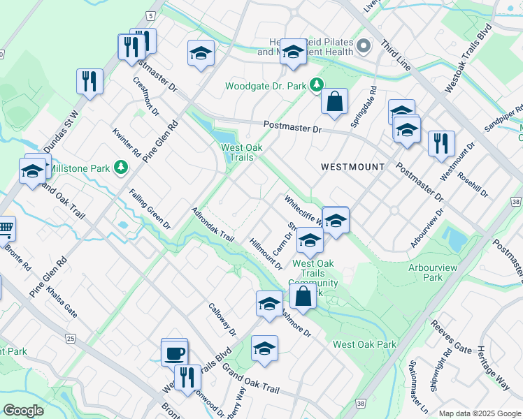 map of restaurants, bars, coffee shops, grocery stores, and more near 2241 Adirondak Trail in Oakville