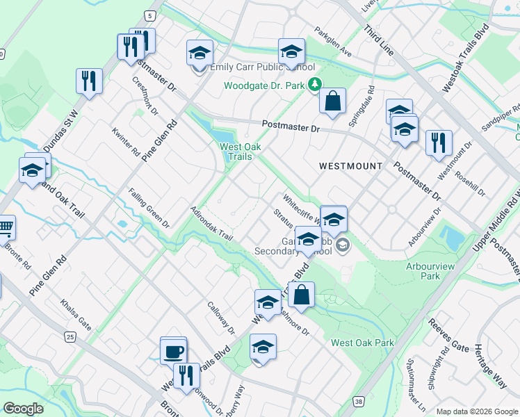 map of restaurants, bars, coffee shops, grocery stores, and more near 2241 Adirondak Trail in Oakville