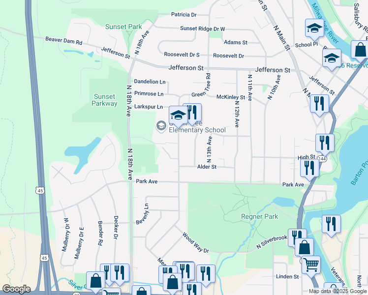 map of restaurants, bars, coffee shops, grocery stores, and more near 1311 Green Tree Road in West Bend