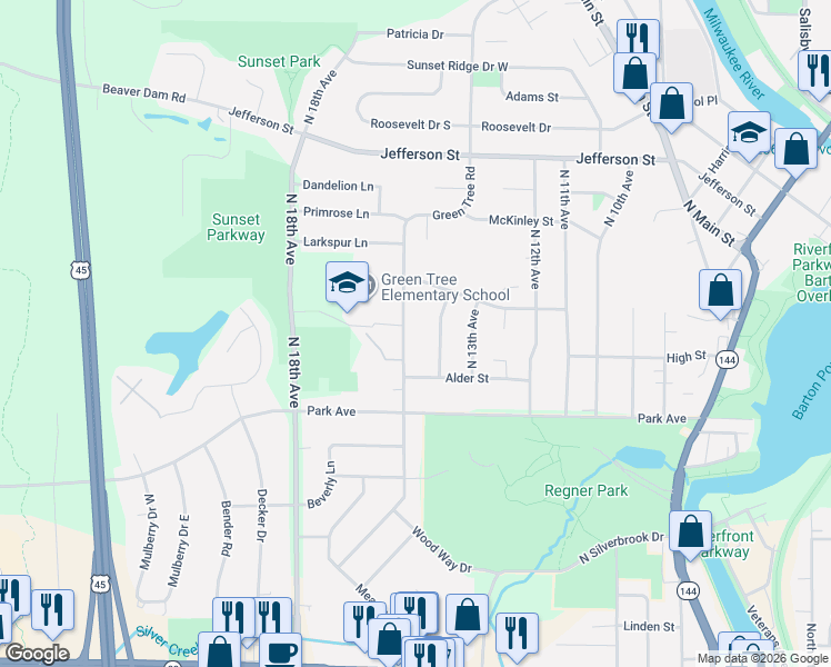 map of restaurants, bars, coffee shops, grocery stores, and more near 1311 Green Tree Road in West Bend