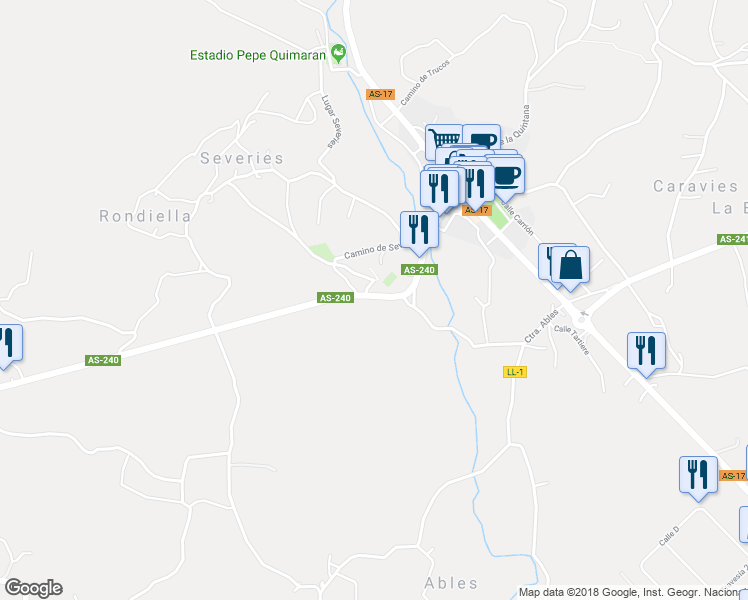 map of restaurants, bars, coffee shops, grocery stores, and more near 111 Carretera de San Cucao in Asturias