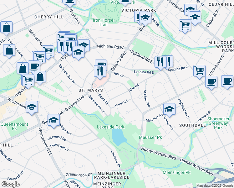 map of restaurants, bars, coffee shops, grocery stores, and more near in Kitchener