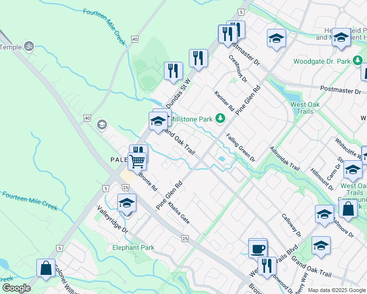 map of restaurants, bars, coffee shops, grocery stores, and more near 2558 Grand Oak Trail in Oakville