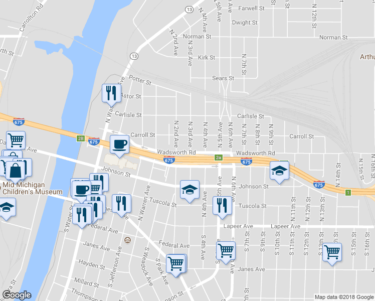 map of restaurants, bars, coffee shops, grocery stores, and more near 429 North 3rd Avenue in Saginaw