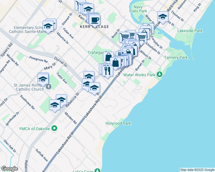 map of restaurants, bars, coffee shops, grocery stores, and more near in Oakville