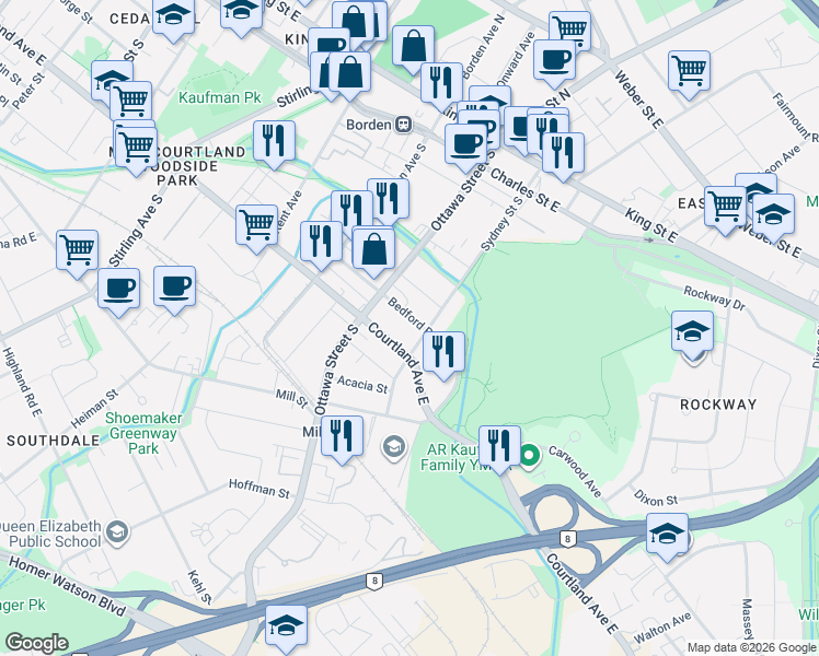 map of restaurants, bars, coffee shops, grocery stores, and more near 209 Bedford Road in Kitchener