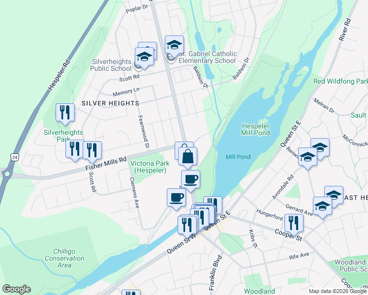 map of restaurants, bars, coffee shops, grocery stores, and more near 171 Guelph Avenue in Cambridge