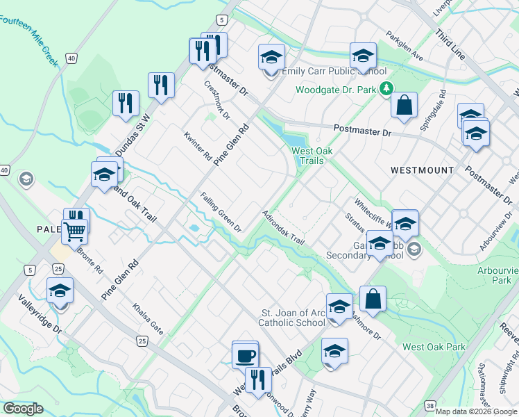 map of restaurants, bars, coffee shops, grocery stores, and more near 2196 Highcliffe Way in Oakville